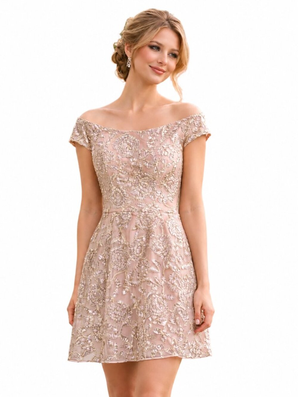 Blush Pink Embroidered Lace Wedding Guest Dress Size Large 3D Floral Formal